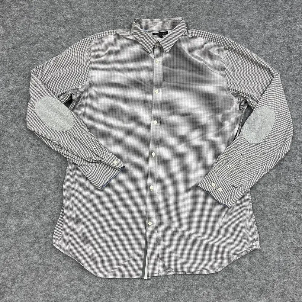 Banana Republic Shirt Mens 2XLT Gray Check Cotton Button Up Slim Elbow Patches
